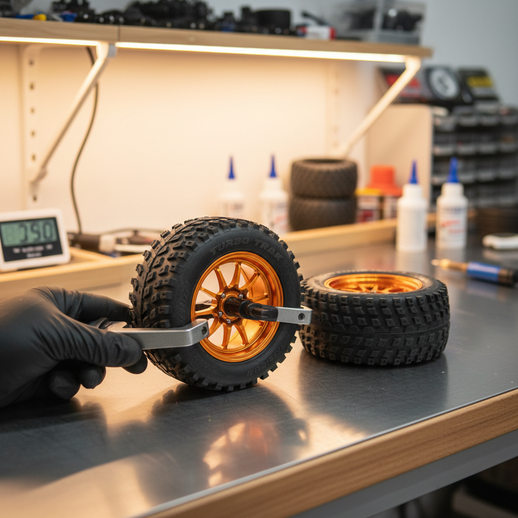 RC racing tires being mounted onto RC car wheels