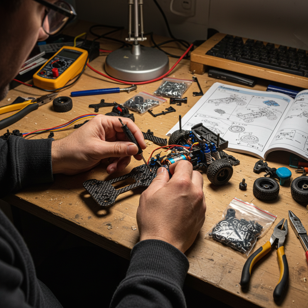 RC car kit being assembled on a hobby workbench